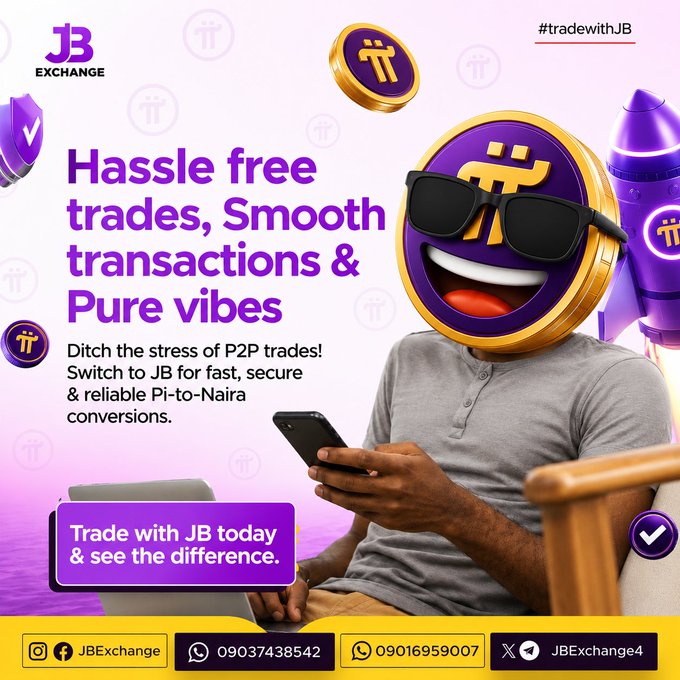 A JB Exchange cryptocurrency advertisement featuring a smiling purple Pi coin character wearing sunglasses on a person's body, promoting 'Hassle free trades' for Pi-to-Naira conversions with contact details at the bottom.