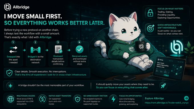 An Allbridge promotional infographic featuring an anime-style cat in a green hoodie holding a mug, with text 'I MOVE SMALL FIRST. SO EVERYTHING WORKS BETTER LATER.' alongside a 4-step process (Swapped, Bridged, Reviewed, Received) and details about multichain access and infrastructure.