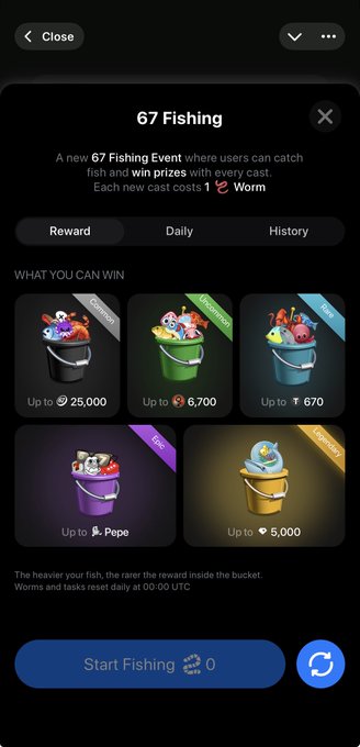 A mobile app screen showing details for a '67 Fishing' event where users can win prizes including coins, gems, and Pepe items.