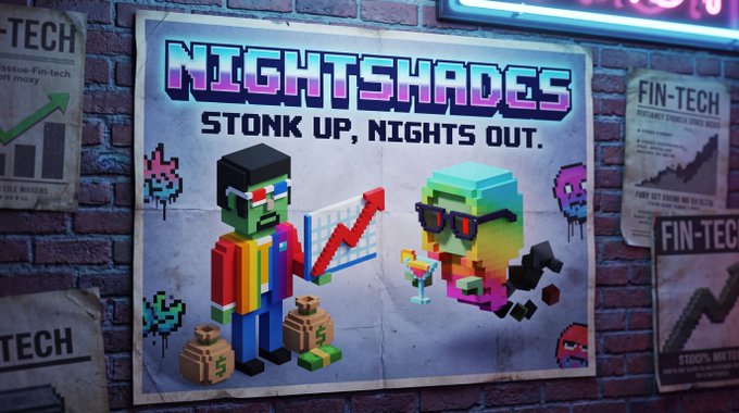A pixel-art style poster reads 'NIGHTSHADES - STONK UP, NIGHTS OUT.' featuring Minecraft-like characters with stacks of money and a rising chart, mounted on a brick wall with 'FIN-TECH' posters nearby.