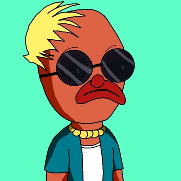 A cartoon character with blonde hair, dark sunglasses, a gold chain, and a sad expression on a green background.