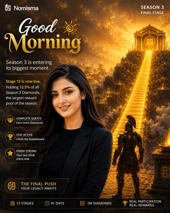 Nomisma 'Good Morning Season 3' promotional poster featuring a woman, announcing 'Stage 13 is now live' holding 12.5% of all Season 3 Diamonds, with quest/activity rewards and stats: 13 stages, 91 days, 1M diamonds.