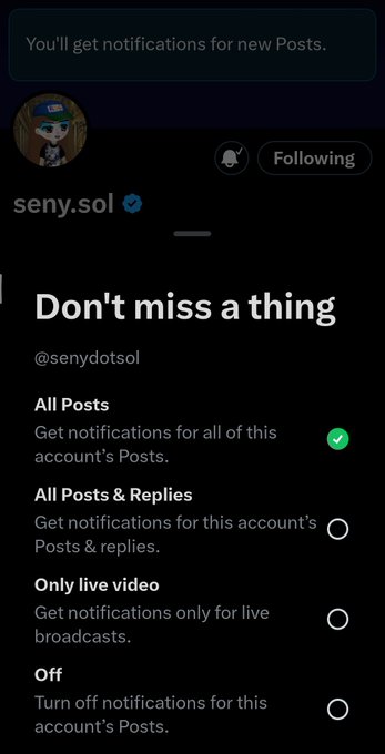 A notification settings menu for the X (Twitter) account "@seny.sol" showing "All Posts" is selected, while the accompanying post promotes an airdrop for the $ANSEM token, redirecting users to a Telegram link at t.me/ManicsEmpire.