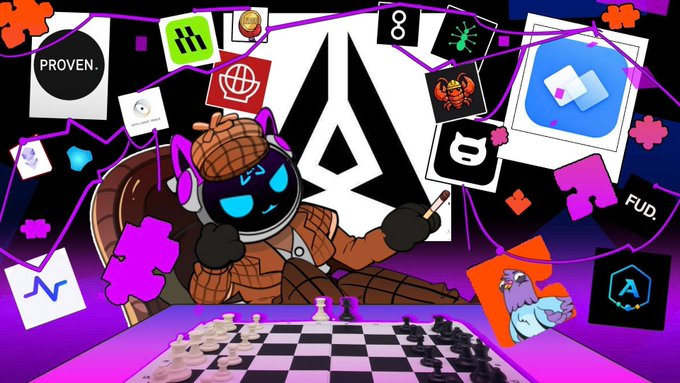 A colorful digital illustration featuring a cartoon character in a detective outfit playing chess, surrounded by various app icons including PROVEN, FUD, and a bull character.