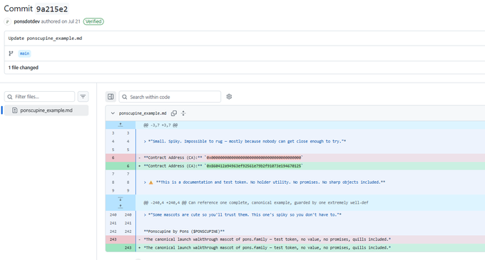 A GitHub commit page shows commit "9a215e2" by ponsdotdev, displaying changes to the file "ponsocupe_example.md" where two lines of contract addresses were removed (lines 6 and 7), with the commit message simply reading "1? main" and indicating 1 file changed.