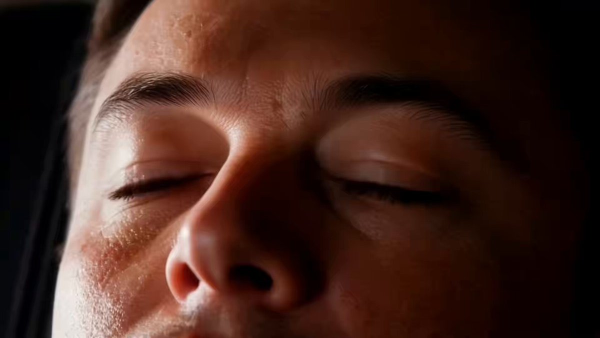 The image shows a close-up of a person's face, with their eyes closed and their nose visible. The photo has been edited or altered to give the impression that the person is waking up from sleep. The background appears to be black, which contrasts with the white text in the caption below the image. The caption reads "Elon wakes up in the morning as the world's first Trillionaire". This suggests that the image might have been created for a promotional or marketing purpose related to Elon Musk and his company.