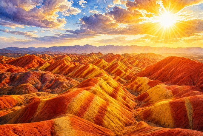 A stunning landscape photograph of the Zhangye Danxia Landform in China, featuring colorful rainbow-striped mountains under a dramatic sunset sky.