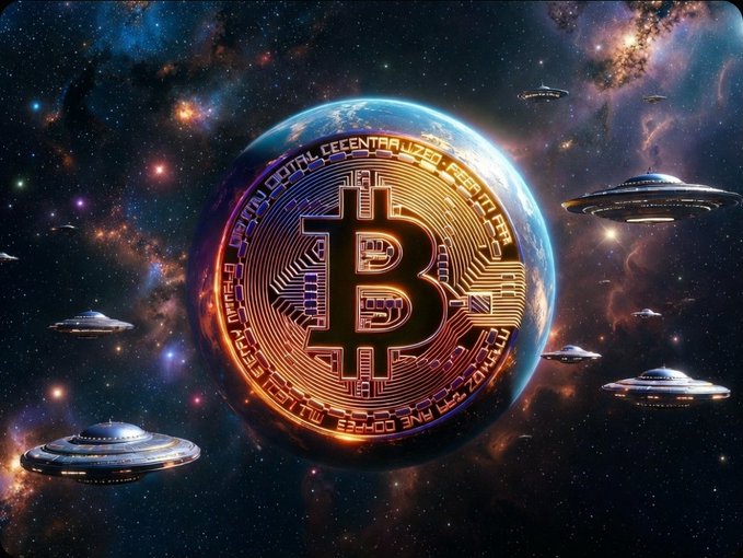 A glowing Bitcoin coin floats in front of Earth against a vibrant cosmic backdrop filled with nebulae and stars, surrounded by several classic flying saucer-style UFOs hovering in space.