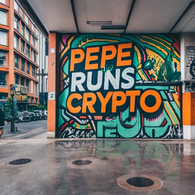 A colorful mural on a building reads 'PEPE RUNS CRYPTO' in bold orange and white letters, set on a wet urban street.