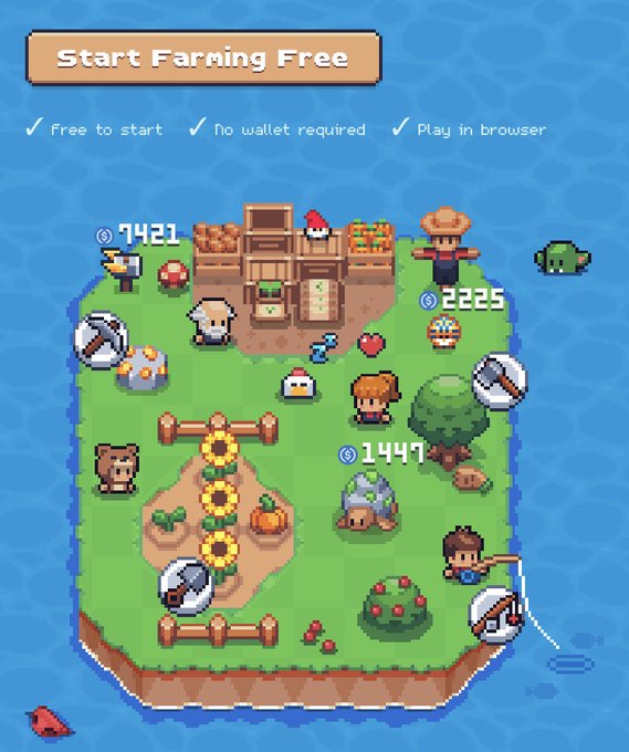 A pixel art advertisement for a game featuring a 'Start Farming Free' button with text noting 'Free to start,' 'No wallet required,' and 'Play in browser,' showing characters on a farm island.