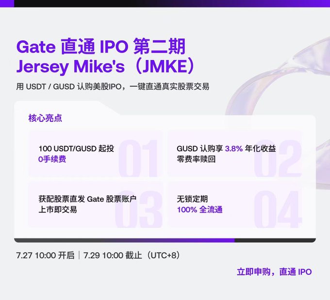 A promotional graphic in Chinese for "Gate 直通 IPO 第二期 Jersey Mike's (JMKE)" advertising IPO subscription features including 100 USDT/GUSD minimum investment and 3.8% annualized yield, running from 7.27 to 7.29 (UTC+8).