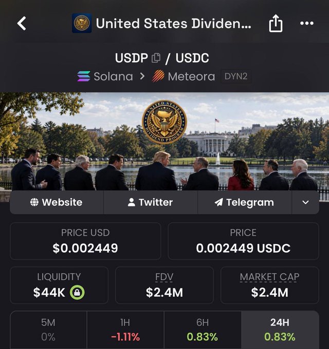 A cryptocurrency trading interface showing the 'United States Dividen...' token (USDP/USDC) on Solana/Meteora with a White House image, priced at $0.002449 with $44K liquidity.