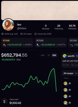 Screenshot of a crypto portfolio dashboard for user 'leo' (@0xleo) showing $652,794.55 with a green performance chart and various token positions.