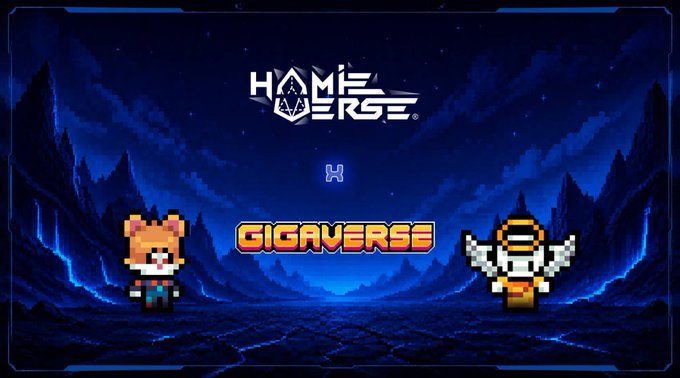 A pixel art promotional graphic featuring two characters—a bear-like figure on the left and an angelic figure on the right—against a dark cosmic background, displaying "HAMIEVERSE" at the top and "GIGAVERSE" in bold yellow text in the center, illustrating the partnership between the two gaming projects for a racing event.