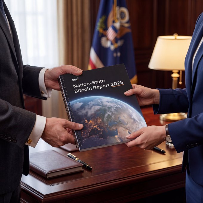 Two people in business attire exchange a spiral-bound document titled 'Nation-State Bitcoin Report 2025' featuring an image of Earth, in what appears to be a government office setting.