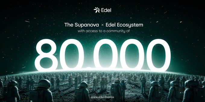 A promotional graphic for the Supanova × Edel Ecosystem showcases access to a community of 80,000 against a cosmic backdrop of astronauts on a moon-like surface, emphasizing the project's massive scale and reach. The bold "80,000" figure and Edel branding align with the post's praise of $EDEL as a hardworking, doxxed team with unique angles and strong fundamentals in the crypto space.