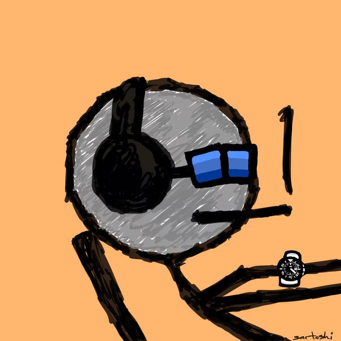 A crude digital doodle on an orange background depicts a stick-figure-like character wearing sunglasses and holding a pocket watch, signed 'sartoshi'.