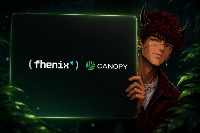 An anime-style character with dark red hair and horns peeking from behind a glowing green sign that displays the logos '(fhenix*)' and 'CANOPY' against a dark jungle background.