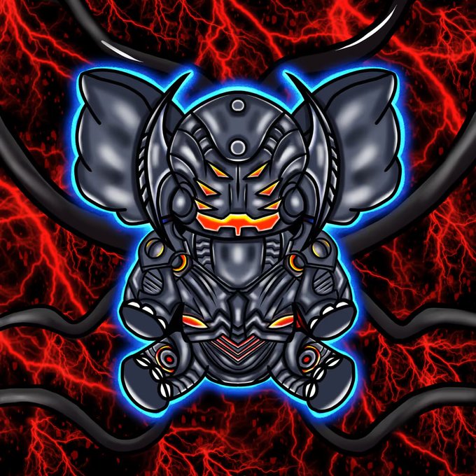A digital illustration of a small, armored, horned creature with glowing orange eyes, set against a dark red and black cracked background with tentacles.