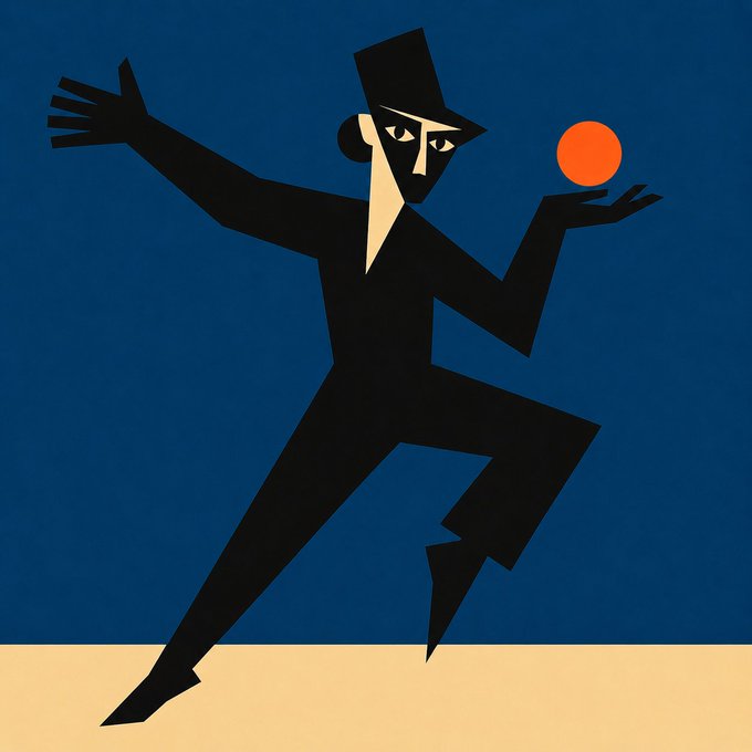 A stylized, geometric illustration of a figure in black wearing a top hat, posed dynamically with one hand extended and the other balancing an orange sphere against a deep blue background.