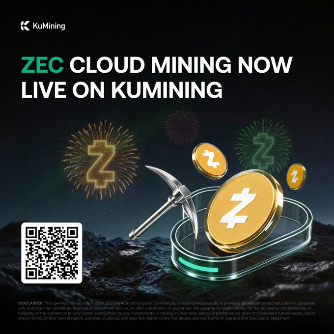 A KuMining promotional graphic announcing "ZEC CLOUD MINING NOW LIVE ON KUMINING" featuring Zcash-themed imagery of a pickaxe, ZEC coins, and a "Z" symbol over a dark landscape with fireworks, along with a QR code and disclaimer text. The visual reinforces the post's message about the new Zcash cloud mining service launch on the KuCoin platform.