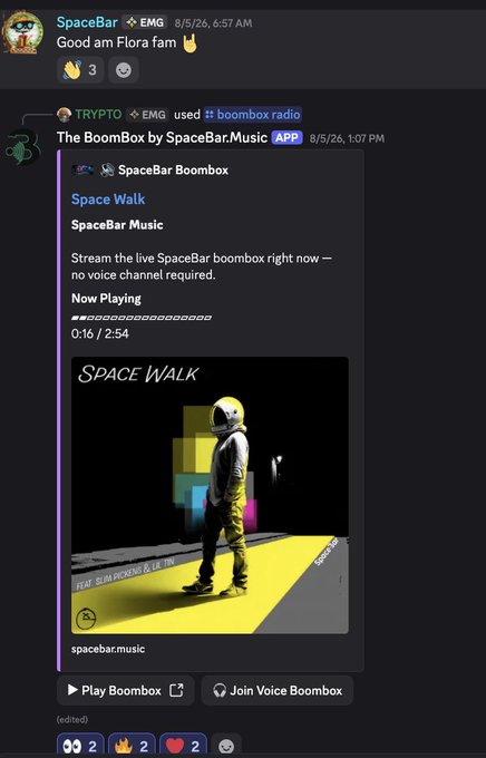A Discord conversation showing SpaceBar greeting 'Flora fam' and TRYPO sharing a link to 'The BoomBox by SpaceBar.Music,' featuring an album cover titled 'Space Walk' with an astronaut on a yellow path.