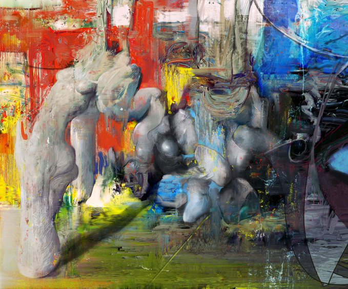 A chaotic abstract painting featuring distorted grayish biomorphic figures rendered against vibrant streaks of red, blue, yellow, and green, characteristic of the artist's expressionist style. The work appears to be a stage from a 2022 piece now minted as a limited 25-edition NFT collection on Manifold.