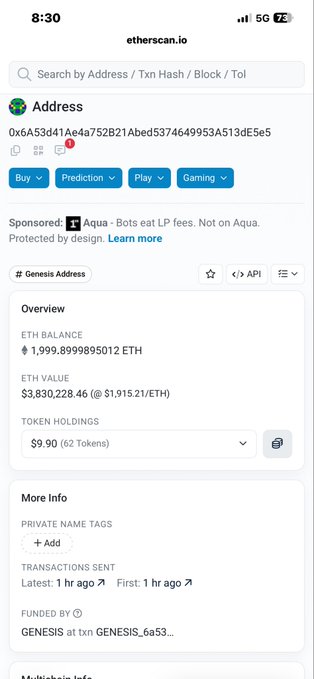 A mobile screenshot of the Etherscan.io website showing an Ethereum address (0x6A53d41Ae4a752B21Abed5374649953A513dE5e5) with an ETH balance of 1.999 ETH and a value of $3,830,228.46.