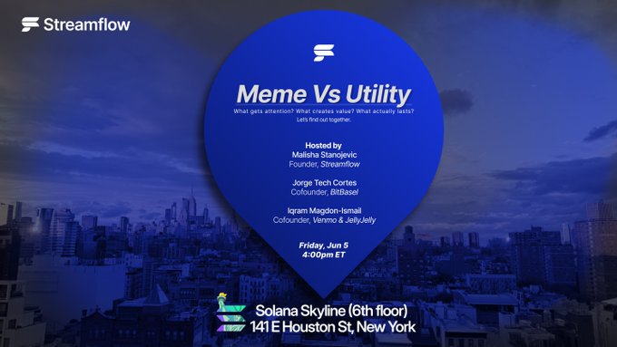 The image features a blue map with white text that says "Meme vs Utility" at the top, followed by a list of people who have contributed to the project. The map also includes a city skyline as part of its background.