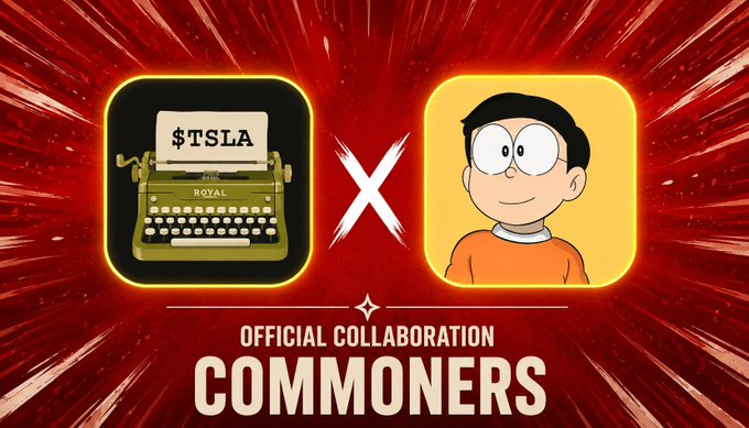 A promotional graphic on a red starburst background announcing an 'OFFICIAL COLLABORATION' called 'COMMONERS' between a $TSLA typewriter icon and a cartoon character in an orange shirt.