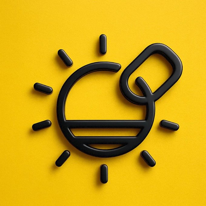 A 3D graphic of a stylized sun symbol in black against a solid yellow background.