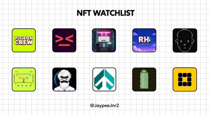 An "NFT WATCHLIST" graphic displaying 10 NFT collection icons in a grid, credited to @JaypeeJnr2, including collections labeled "PIGEON CREW" and "RH."