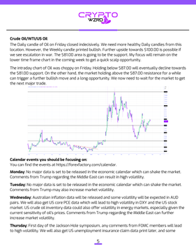 Another page from the 'CRYPTO WZRD' newsletter detailing Crude Oil (DXY/USOIL) market analysis and economic calendar events for Monday through Thursday.