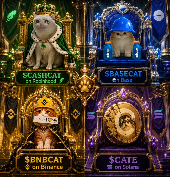 An ornate fantasy-style illustration featuring four cats dressed as royalty representing cryptocurrencies: '$CASHCAT on Robinhood', '$BASECAT on Base', '$BNBCAT on Binance', and '$CATE on Solana'.