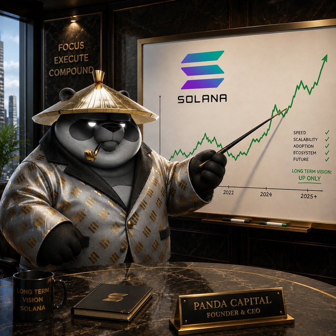 A panda CEO of "Panda Capital" in a gold suit and conical hat points to a rising Solana chart highlighting long-term vision and attributes like speed and scalability, with "Focus, Execute, Compound" displayed on the wall—visually reinforcing the post's message of staying disciplined on the task ahead this week.