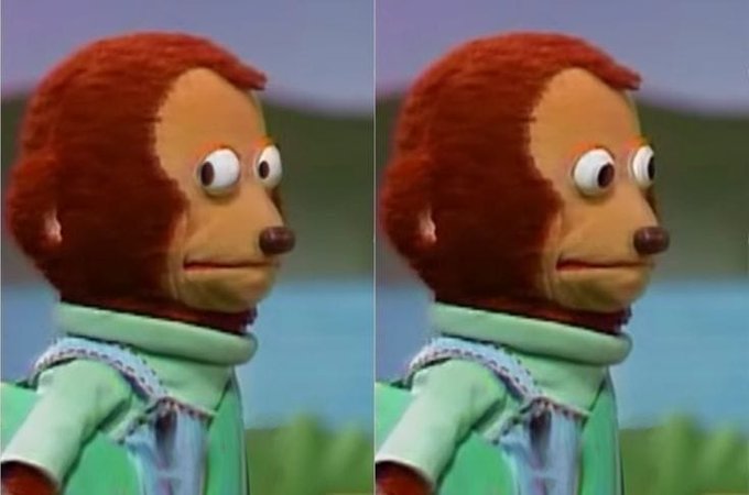 A side-by-side comparison of two nearly identical images of a brown puppet/monkey character in a green and blue outfit.