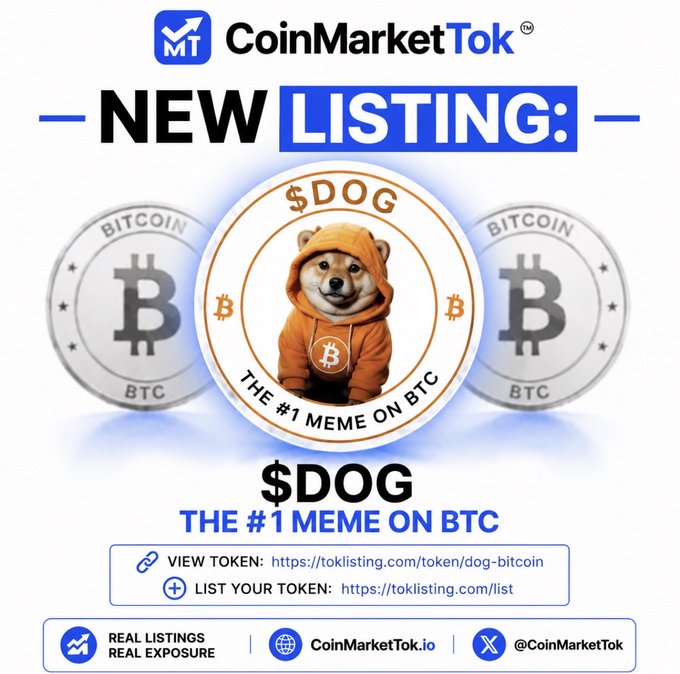 The image features a poster for CoinMarketTok that includes a dog wearing an orange hoodie, with the text "New listing" written above him. The poster also has three Bitcoins displayed next to the dog. Below the dogs head, there is a description of the coin listing process and how it works.
