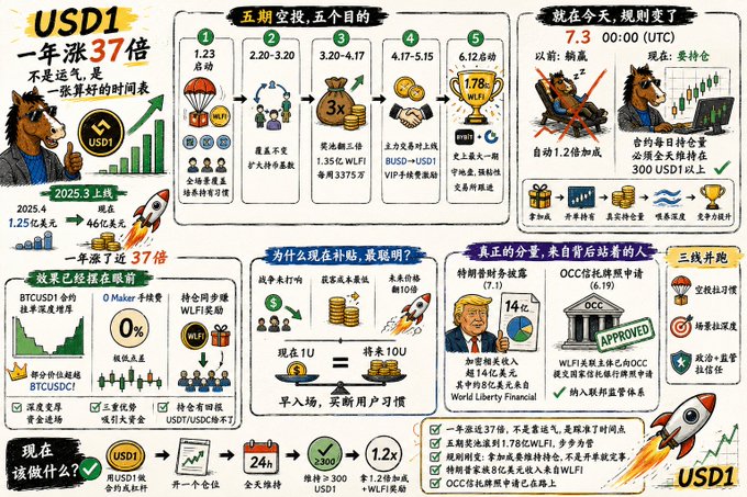 A Chinese-language infographic promoting the stablecoin USD1, highlighting its 37x growth in 2025 alongside key stats like "7.3 00:00 (UTC)," "1.25亿 美元," and $300 USD1 holding yields 1.2x, with a cartoon llama mascot illustrating its five-phase "air drop" strategy and competitive advantages.