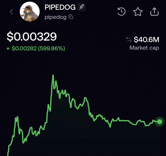 A cryptocurrency price chart for 'PIPEDOG' (pipedog) shows a price of $0.000329 with a 599.86% increase and a $40.6M market cap, displayed with a green line graph on a dark background.