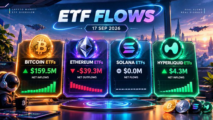 A futuristic crypto market infographic titled 'ETF FLOWS' dated 17 SEP 2026, displaying Bitcoin ETFs at +$159.5M net inflows, Ethereum ETFs at -$39.3M net outflows, Solana ETFs at $0.0M, and Hyperliquid ETFs at +$4.3M net inflows.