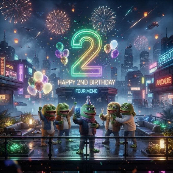 Five animated Pepe-style characters wearing party hats celebrate on a rooftop overlooking a neon-lit cyberpunk cityscape, with a glowing neon "2" and the text "HAPPY 2ND BIRTHDAY FOUR.MEME" displayed prominently beneath a sky filled with fireworks and floating balloons.

The image brings the caption's message to life by depicting Four.Meme's second anniversary as a vibrant, festive milestone, with the celebratory Pepe mascots symbolizing the creative community that has made the platform meaningful over the past two years.