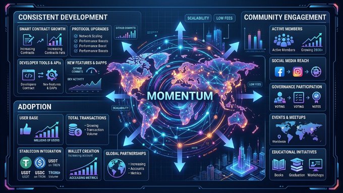 The image is a futuristic dashboard visualizing the "Momentum Behind TRON," highlighting key metrics across consistent development, adoption, and community engagement—including smart contract growth, 2 million users, 75 million USDT, 1.5 million daily transactions, and growing active members—centered around a glowing world map. The accompanying text aligns with the image by emphasizing how consistent development, adoption, and ecosystem participation fuel TRON's expanding network and long-term growth.