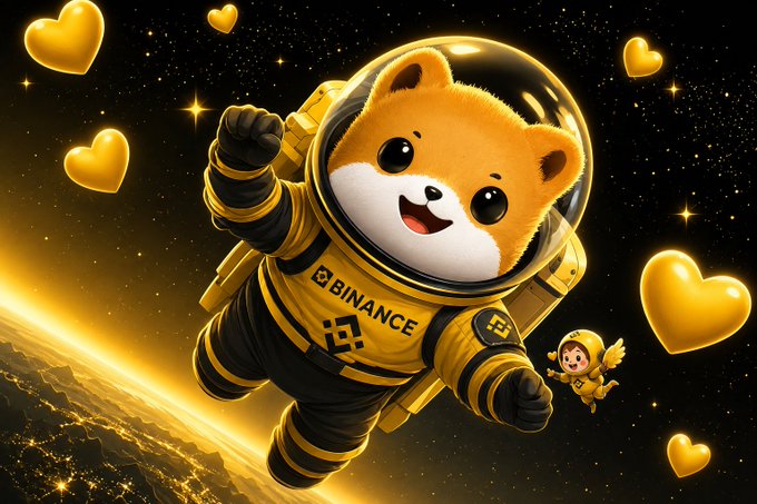 A cute cartoon Shiba Inu dog wearing a Binance-branded spacesuit floats in space among golden hearts, with a small winged astronaut companion beside it. The image playfully depicts the "Space X Mascot" concept from the post, featuring the recognizable Binance logo and yellow/black color scheme associated with the $SPCX rewards theme.