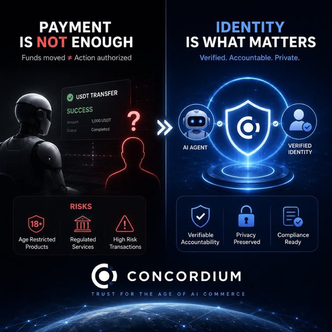 A Concordium promotional graphic contrasting 'PAYMENT IS NOT ENOUGH' with 'IDENTITY IS WHAT MATTERS,' highlighting risks like age-restricted products and regulated services, while emphasizing verifiable accountability, privacy, and compliance for AI commerce.