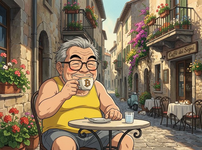 A cartoon illustration shows an elderly man with glasses and gray hair sipping coffee from a mug with the Bitcoin (₿) logo, sitting at a café table on a flower-adorned European street with a sign reading 'Caffè dei Sogni.'