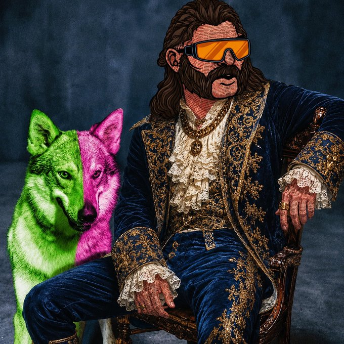 A stylized digital artwork featuring a bearded man wearing orange ski goggles and an ornate blue velvet outfit with gold embroidery, sitting beside a wolf whose fur is colored half green and half magenta.