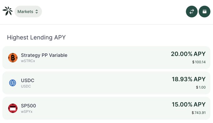 The image shows a screenshot of a screen from an e-trading application that provides information about trading stocks, including the current value of Bitcoin and other cryptocurrencies. The screen displays options for lending APY, displaying the available interest rates for those interested in funding projects. This information is crucial for users looking to invest in or fund cryptocurrency ventures.