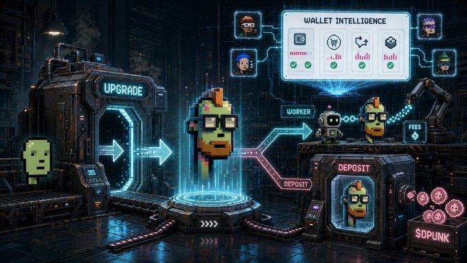 A cyberpunk-themed illustration shows pixel art characters in a futuristic setting, featuring a 'UPGRADE' station, a 'WALLET INTELLIGENCE' interface, a 'WORKER' area, and a 'DEPOSIT' machine with a '$DPUNK' sign.