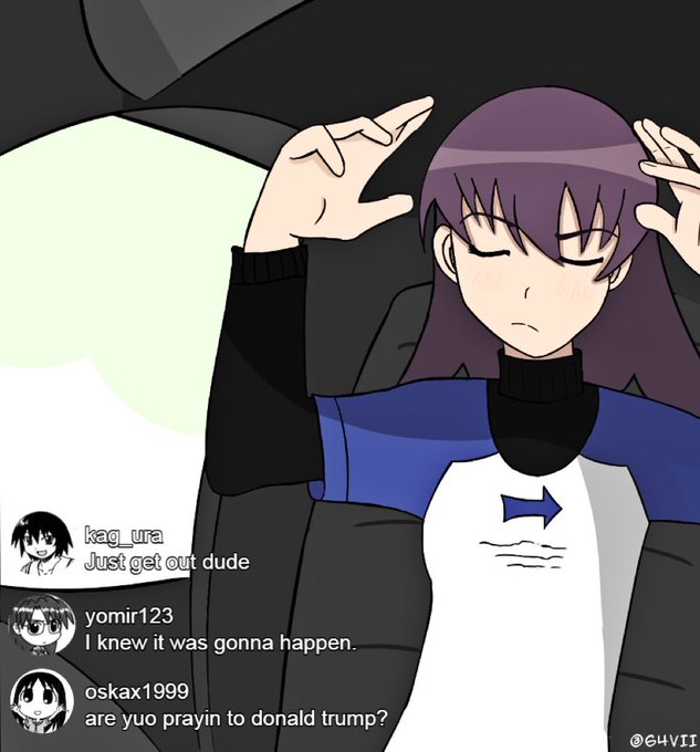 A Reddit-style comic illustration showing a purple-haired anime girl making a strange gesture, with comments from users 'kag_ura' ('Just get out dude'), 'yomir123' ('I knew it was gonna happen.'), and 'oskax1999' ('are yuo prayin to donald trump?').