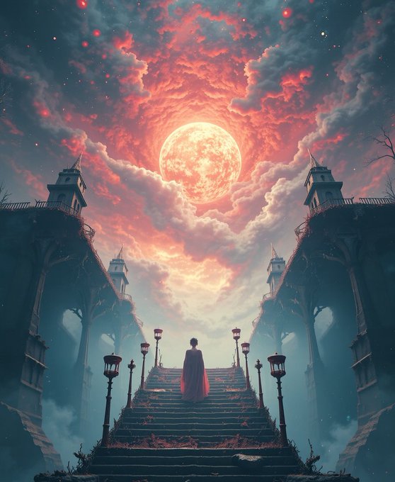 A digital artwork depicting a figure in a red cape standing at the top of a grand stone staircase, looking up at a massive glowing moon surrounded by dramatic pink and orange clouds.